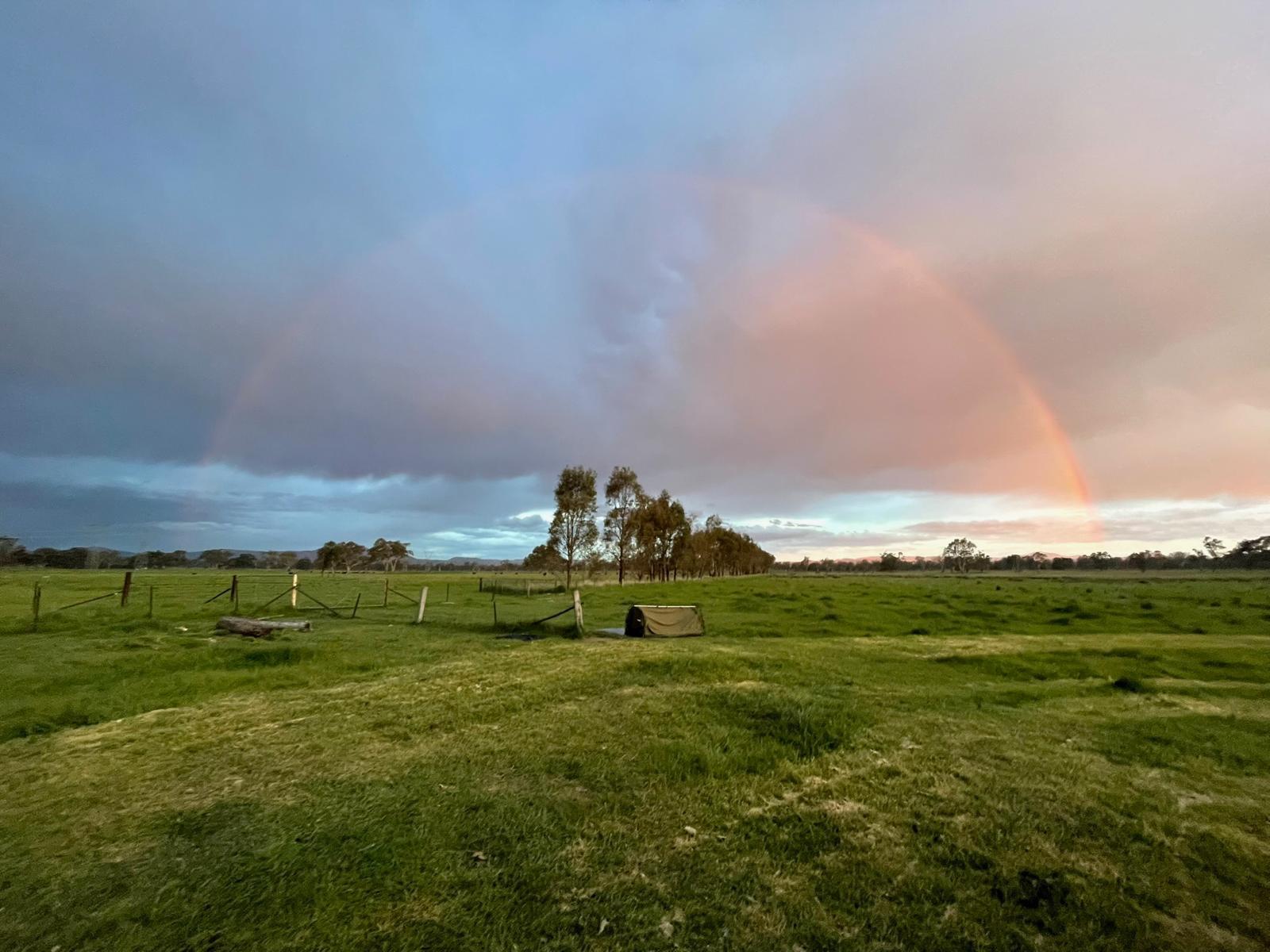 Rainbow over green farmland at Midland Meadow.